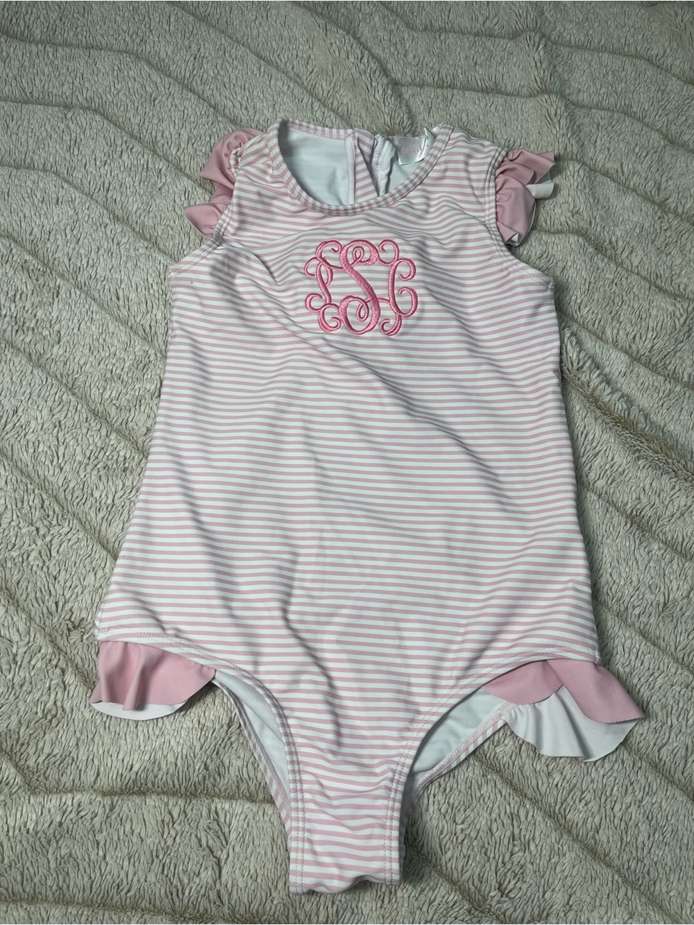 Cecil & Lou Pink Striped Monogrammed Ruffle Swimsuit Size 7 (SCP / PSC)